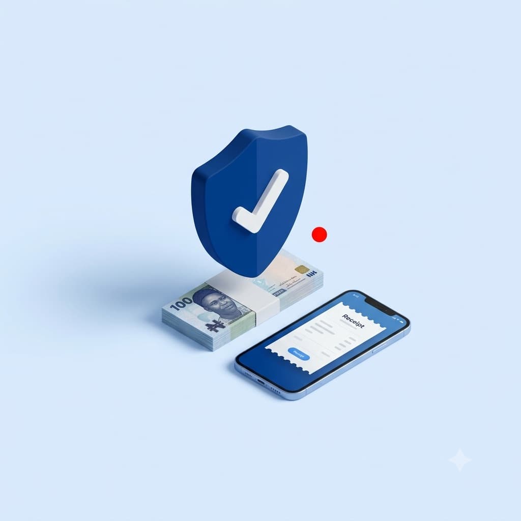 Your savings held safely — shield, naira and an SMS receipt