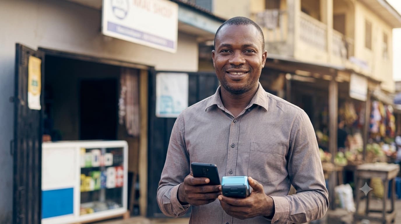 A Trustee agent with a phone and POS in front of their shop